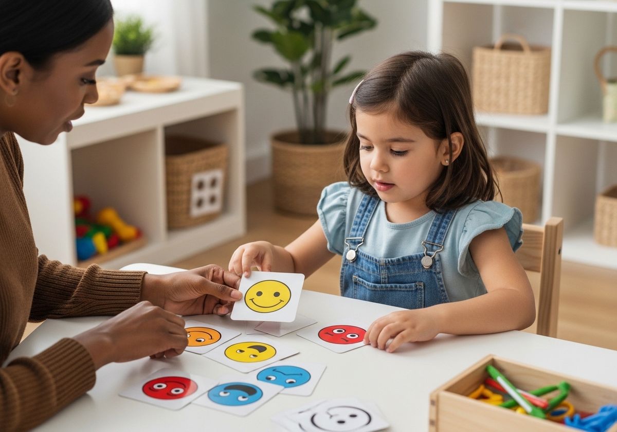Child learning about emotions with flashcards