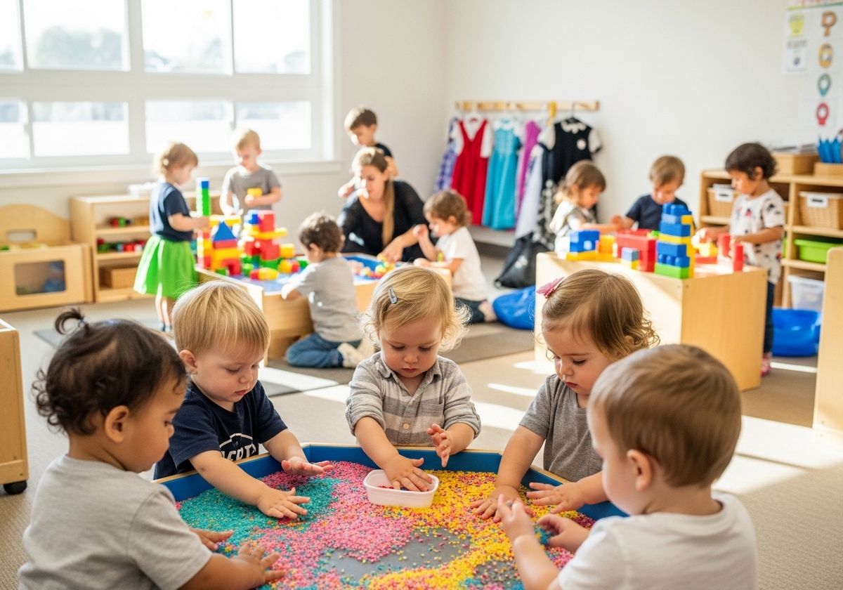 Children playing with colorful beads in a classroom setting