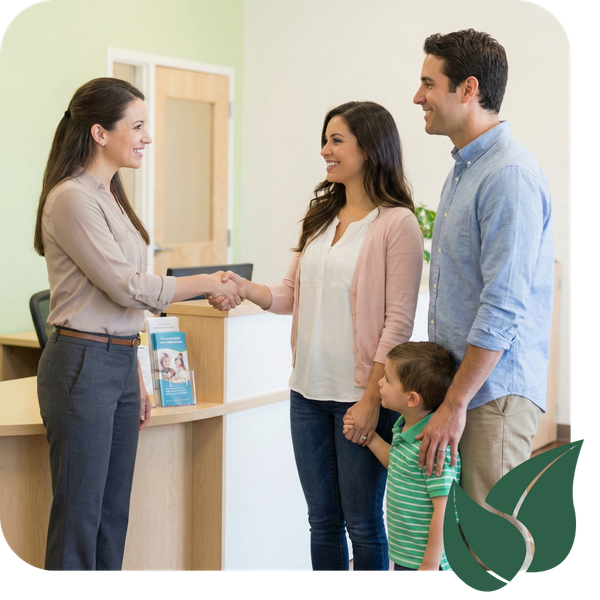 A family being warmly welcomed by a childcare center director, showcasing the enrollment process.