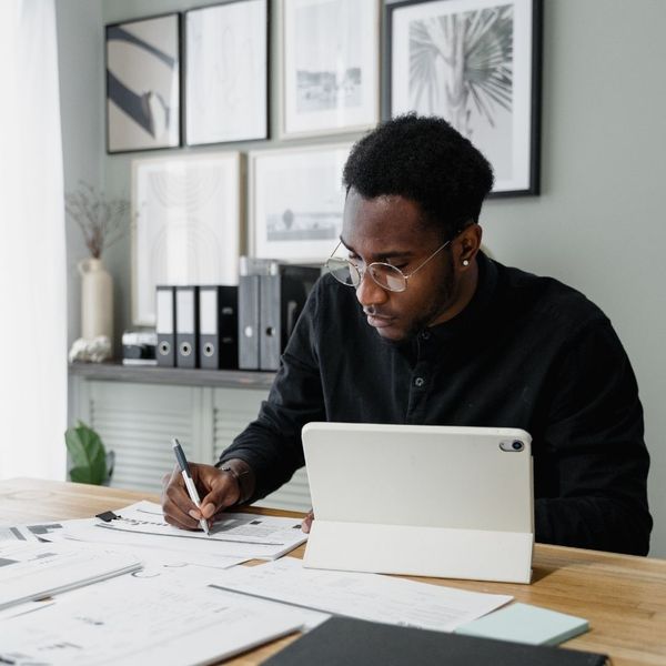 A tax professional working in a modern office.