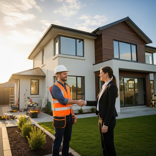 Two professionals, a contractor and a client, shaking hands in front of a newly completed residential construction project.