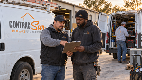 HVAC supervisor and technician review a checklist beside open ContracSur service vans while another technician loads equipment. Texas HVAC year-end insurance review