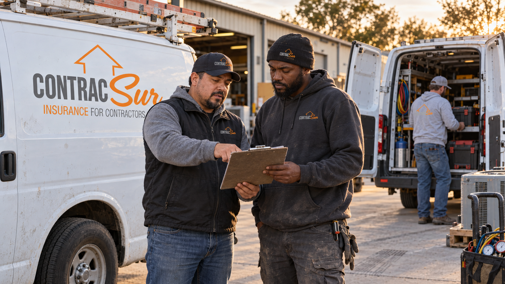 HVAC supervisor and technician review a checklist beside open ContracSur service vans while another technician loads equipment. Texas HVAC year-end insurance review