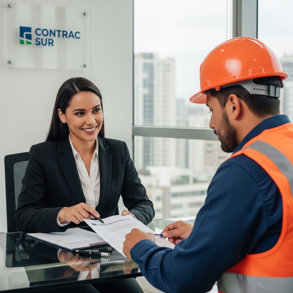 An insurance agent from Contrac Sur smiling while explaining an insurance policy document to a contractor in a modern office.