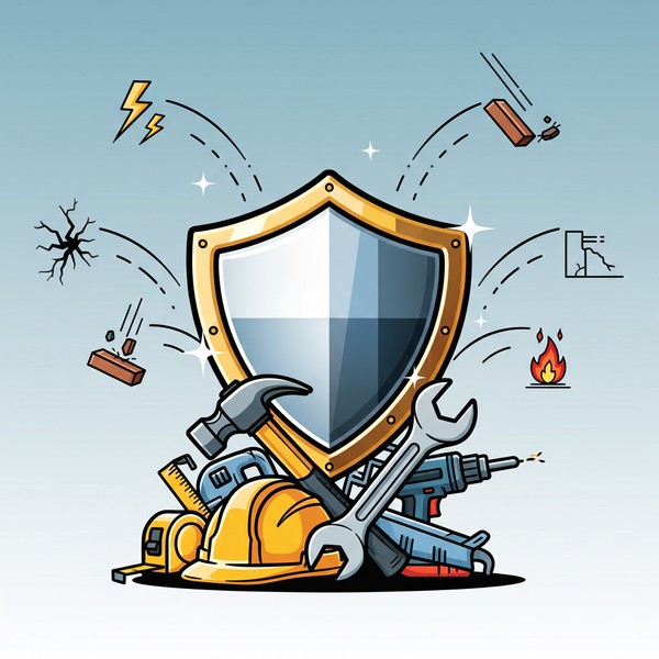 An illustrated graphic showing a shield protecting a construction helmet and tools from risks like accidents and damage.