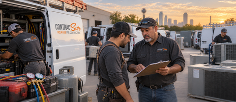 HVAC crew prepares ContracSur-branded service vans, tools, and equipment while a supervisor reviews the day’s work. Texas HVAC Contractor Growth Checklist