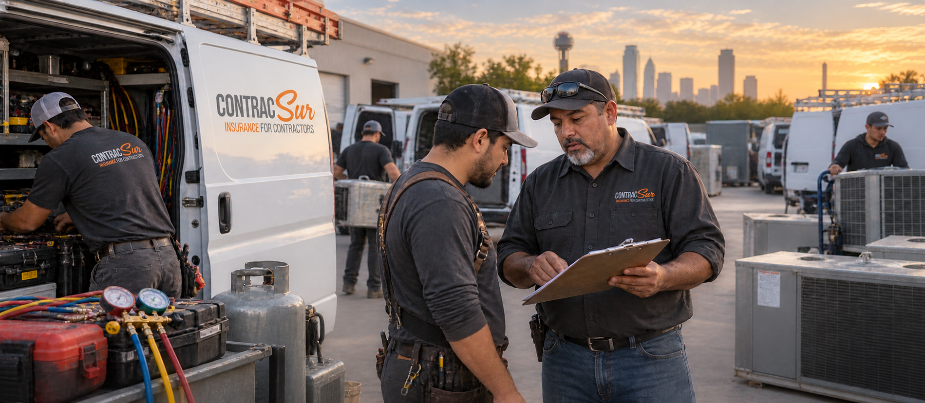 HVAC crew prepares ContracSur-branded service vans, tools, and equipment while a supervisor reviews the day’s work. Texas HVAC Contractor Growth Checklist