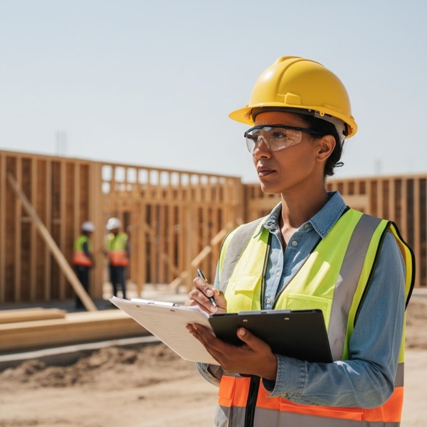 Construction site manager assessing workplace hazards Construction site manager assessing workplace hazards