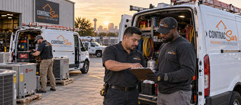 HVAC supervisor and technician review a checklist beside open ContracSur service vans while another technician loads equipment. Texas HVAC Business Auto Fall Checklist