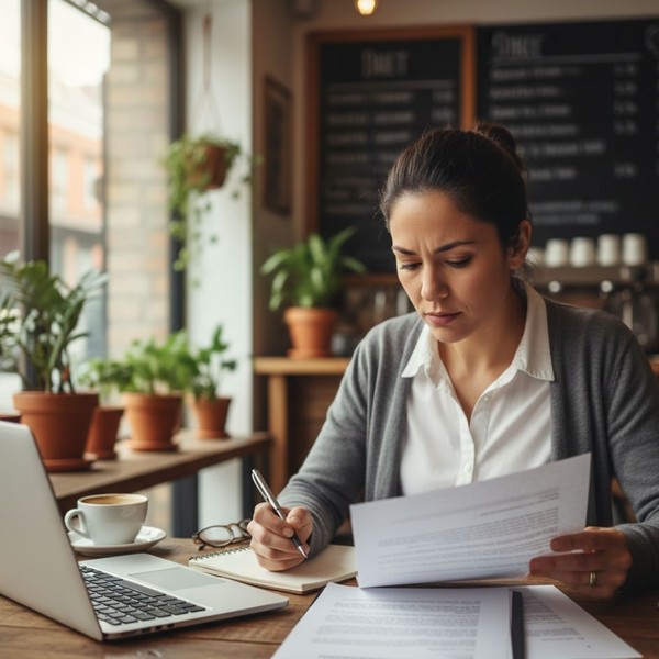 Small business owner reviewing contract terms carefully Small business owner reviewing contract terms carefully