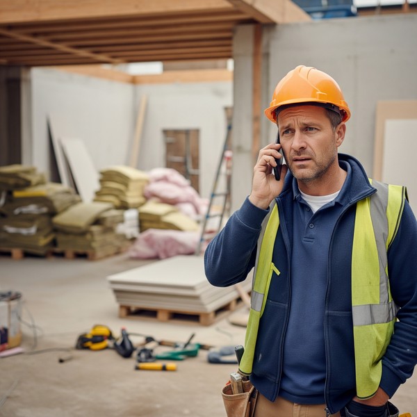 A contractor looking concerned while on the phone, with an unfinished and messy construction site in the background.