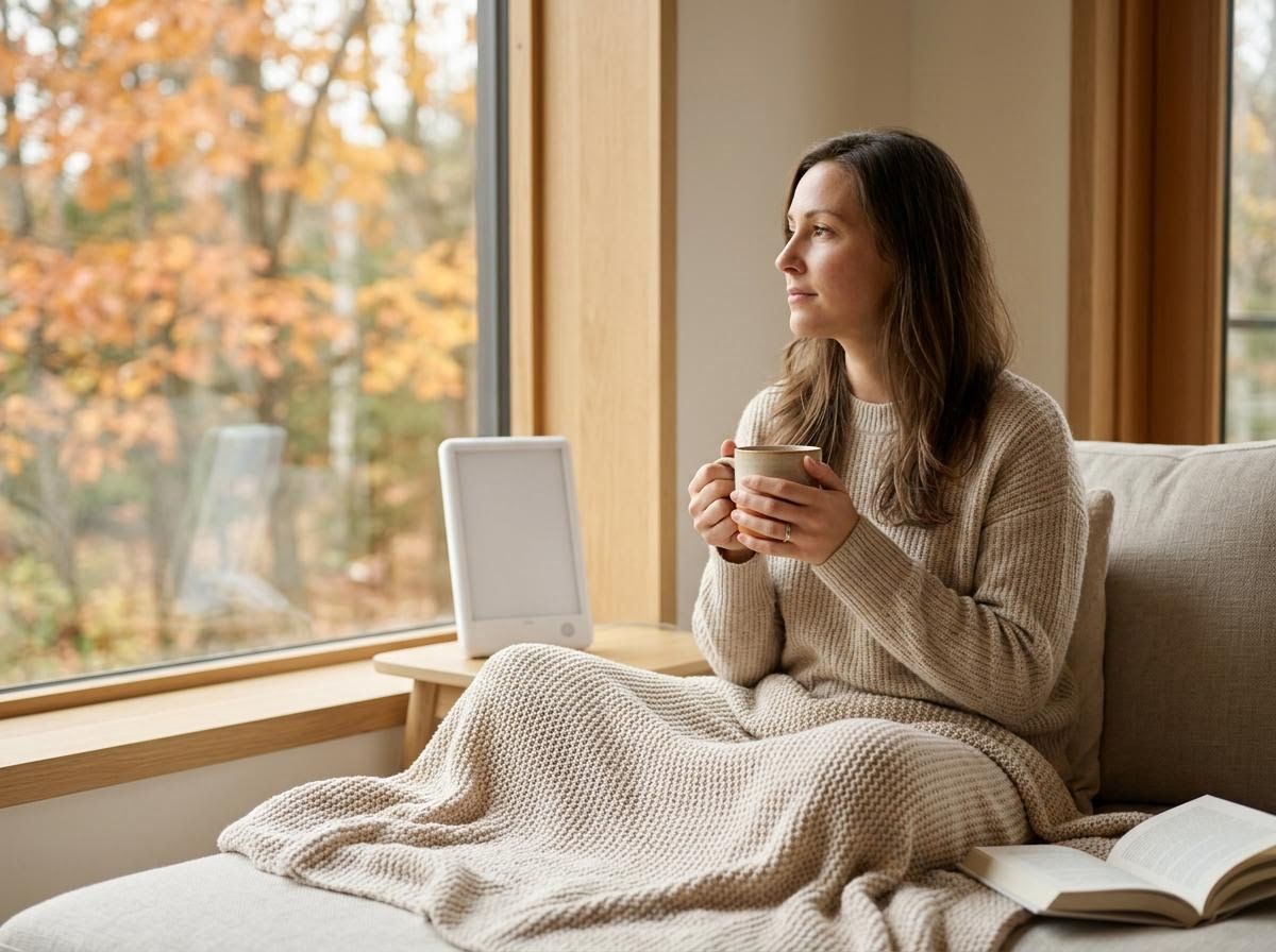 Woman relaxing by window with light therapy lamp in autumn