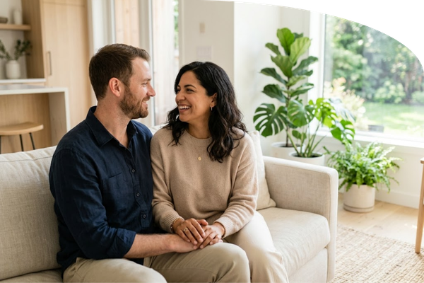 A loving couple sitting close together and smiling warmly at one another