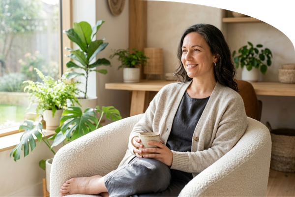 A grounded and peaceful woman sitting comfortably in a sunlit, airy office