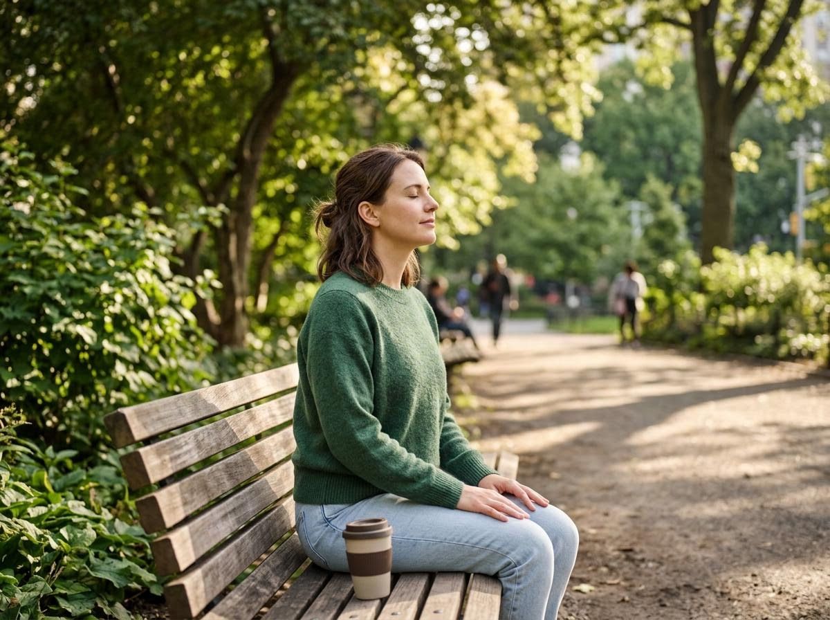 Woman Meditating on Park Bench
