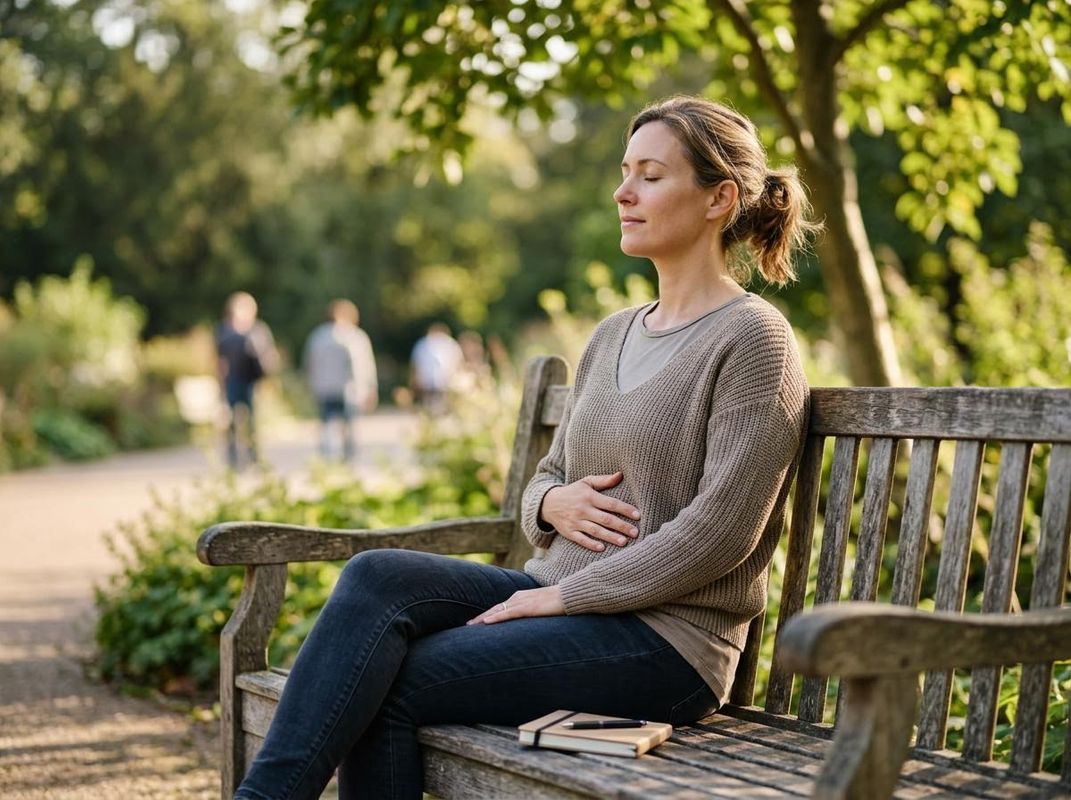 A serene woman with closed eyes and hands on her abdomen meditates on a wooden bench in a sunny park with a notebook. Woman Meditating in Park