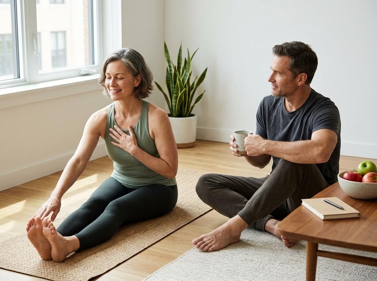 Couple practicing yoga and relaxing at home