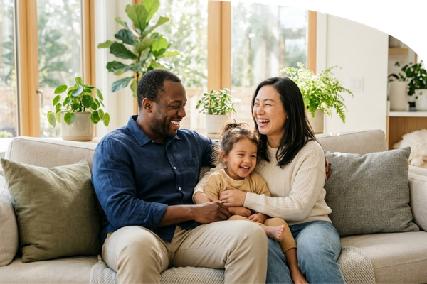 A relaxed family sitting together on a sofa and sharing a joyful laugh in a bright room