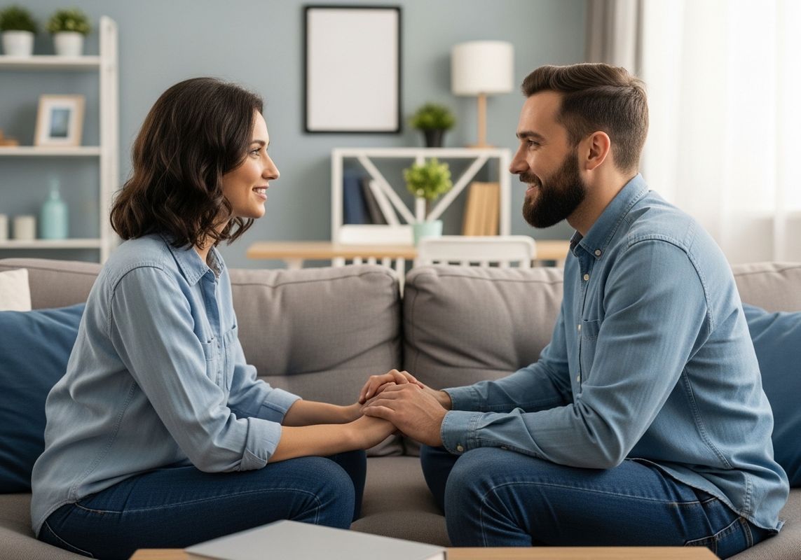 A happy couple sits on a couch, holding hands and gazing at each other with smiles. They are dressed casually in denim shirts and jeans, set against a backdrop of a cozy living room interior. The scene conveys intimacy and connection. Loving couple holding hands and smiling