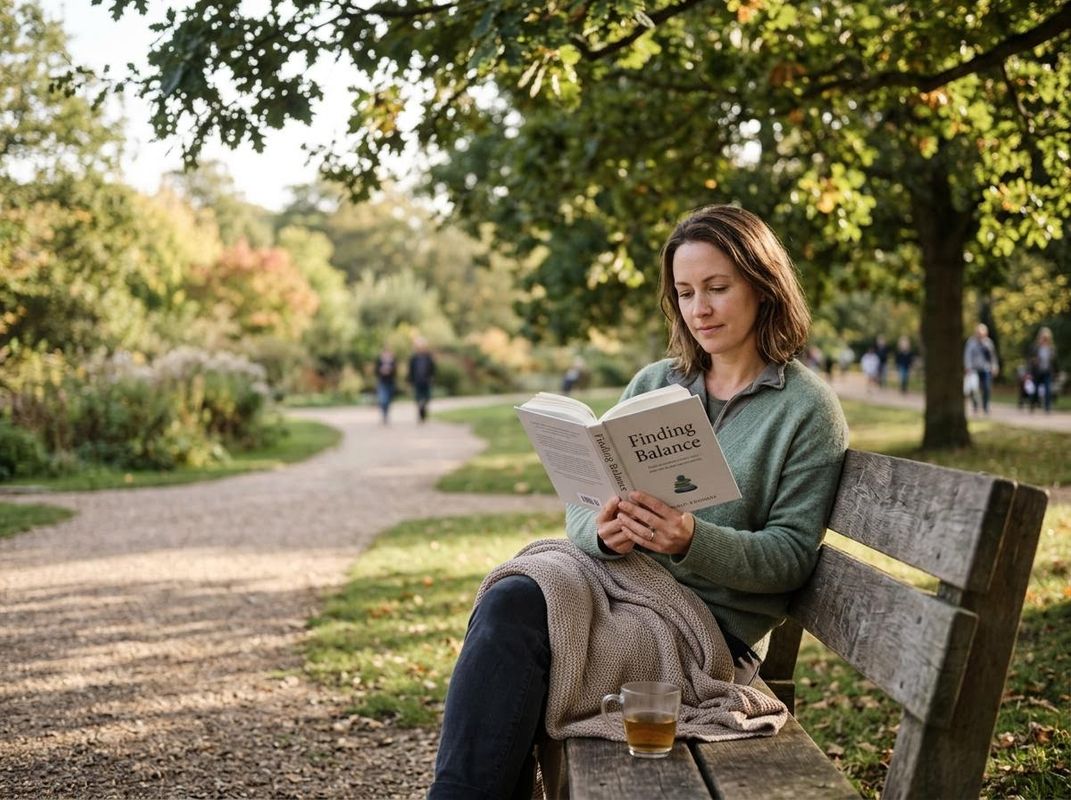 A woman reads a book titled "Finding Balance" on a park bench with a blanket and tea, surrounded by trees and a path. Woman reading "Finding Balance" in a park