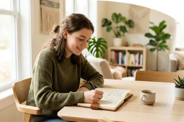 A relaxed teenager smiling gently while focusing on a journal in a bright room