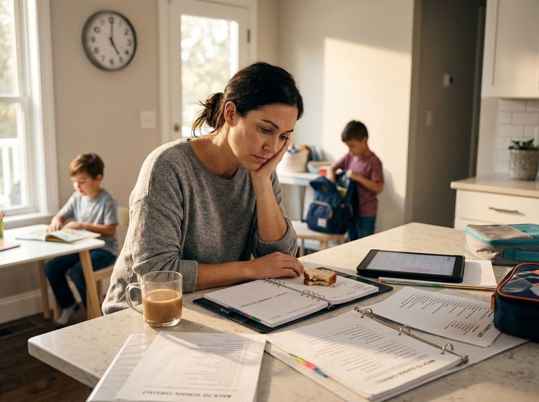 Stressed mother at kitchen counter with children preparing for school