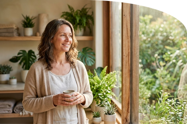 A relaxed woman smiling gently while standing in warm, natural window light
