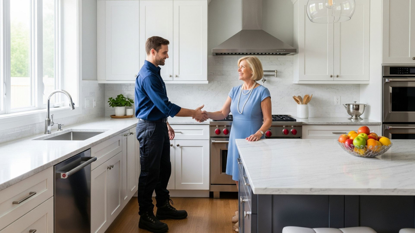 shaking hands in renovated kitchen