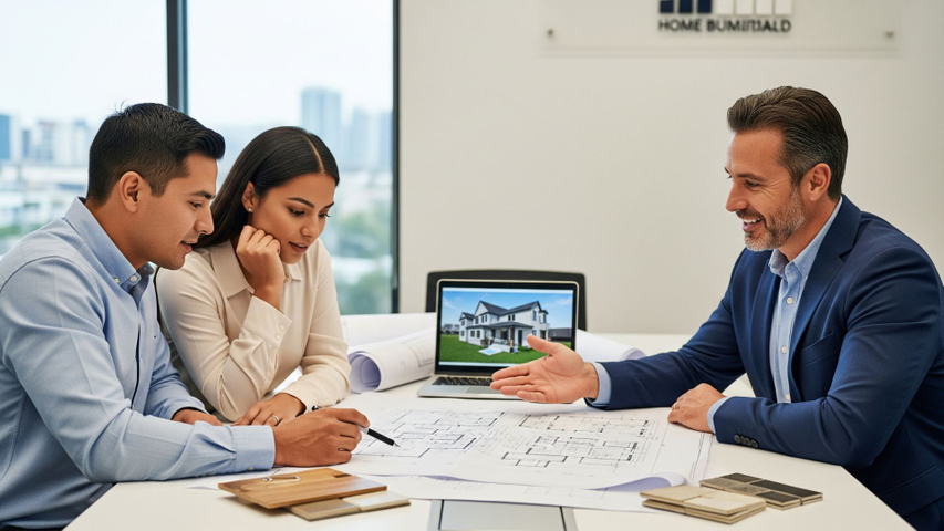 architect discusses custom house plans with a couple in an office