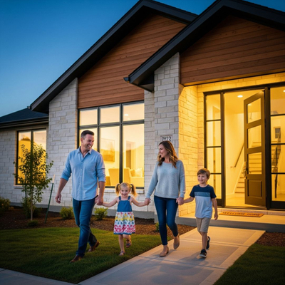 family happily walking outside of their new custom home