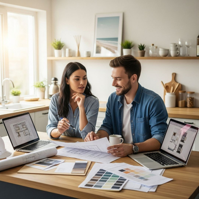 A couple brainstorming ideas for their dream home A couple brainstorming ideas for their dream home