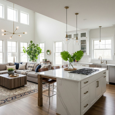 open-concept living room and kitchen area with natural light