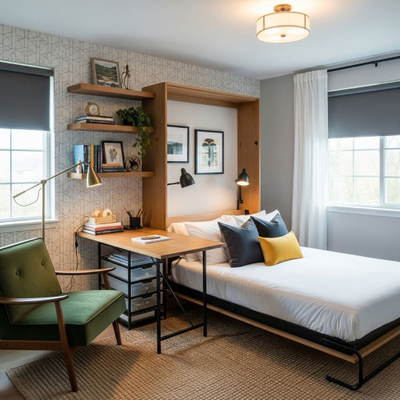 stylish room with multi-functional furniture, combining a home office and a guest bedroom