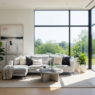modern living room filled with natural light from large windows