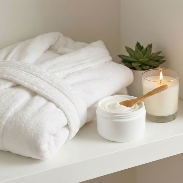 A plush robe, body cream, and a candle on a bathroom shelf.