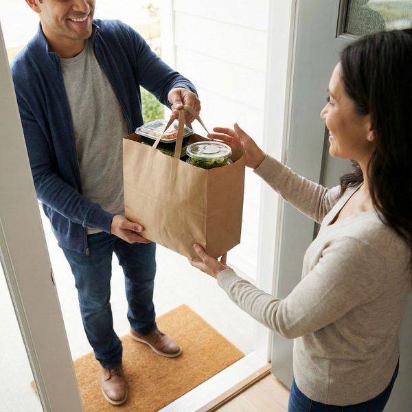 A person handing a bag of delivered food to another person at a front door.
