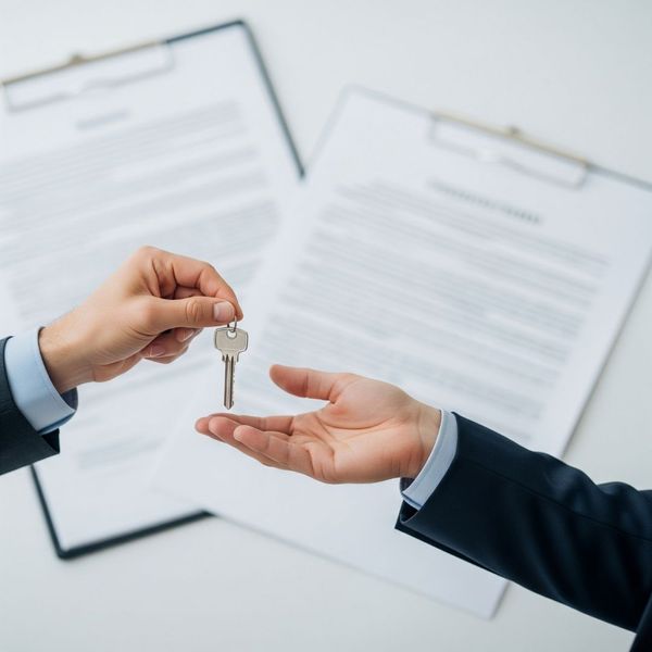 Handing over a key with documents in background