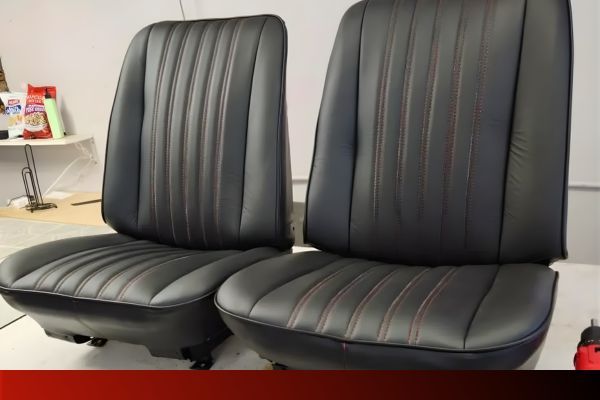 a pair of upholstered leather car seats