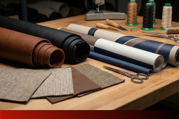 Rolls of premium leather and vinyl alongside fabric swatches on a workbench
