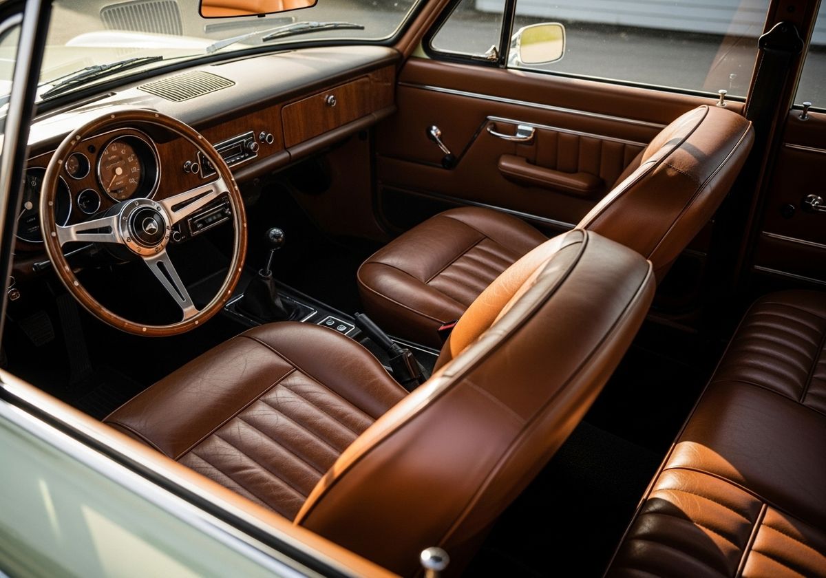 Classic Car Interior with Brown Leather Seats and Wood Trim