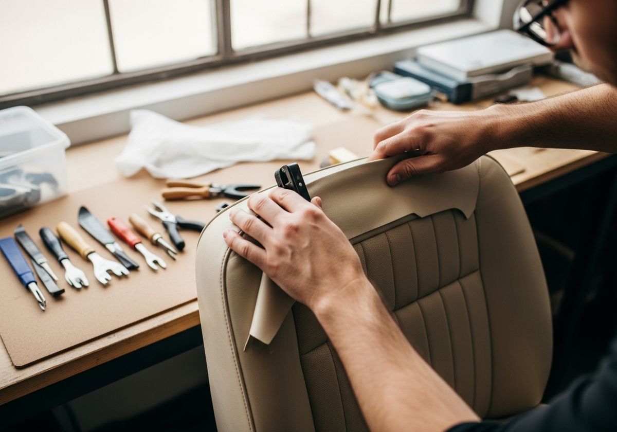Upholsterer repairing car seat