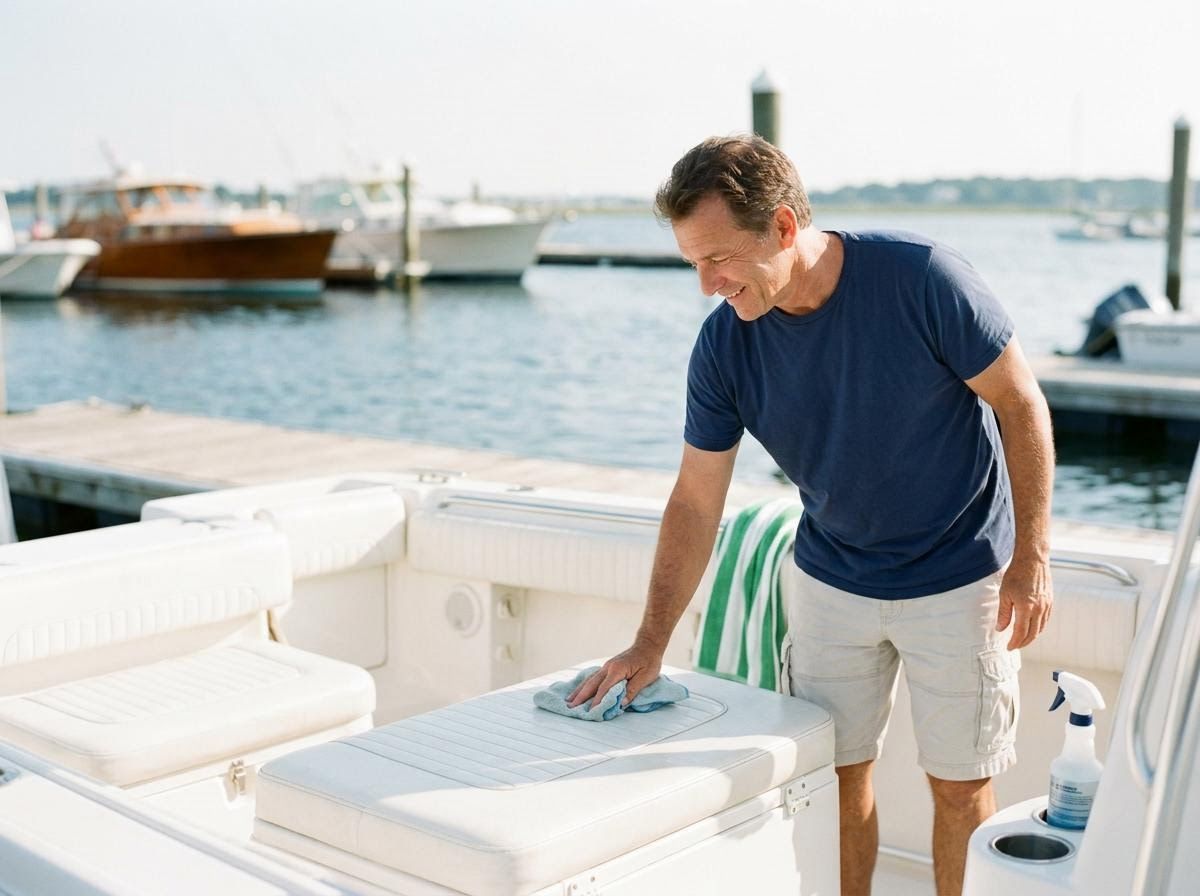 Man Cleaning Boat Cushions at Marina