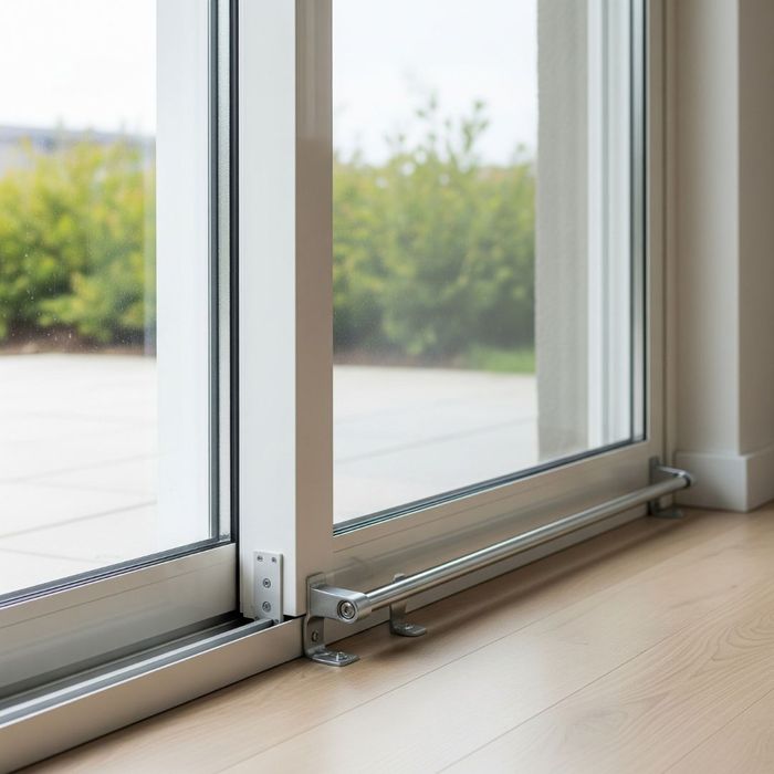 A sliding glass door with a security bar A sliding glass door with a security bar