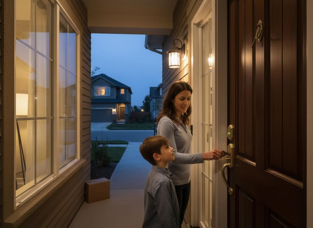 Woman and boy unlocking front door at dusk