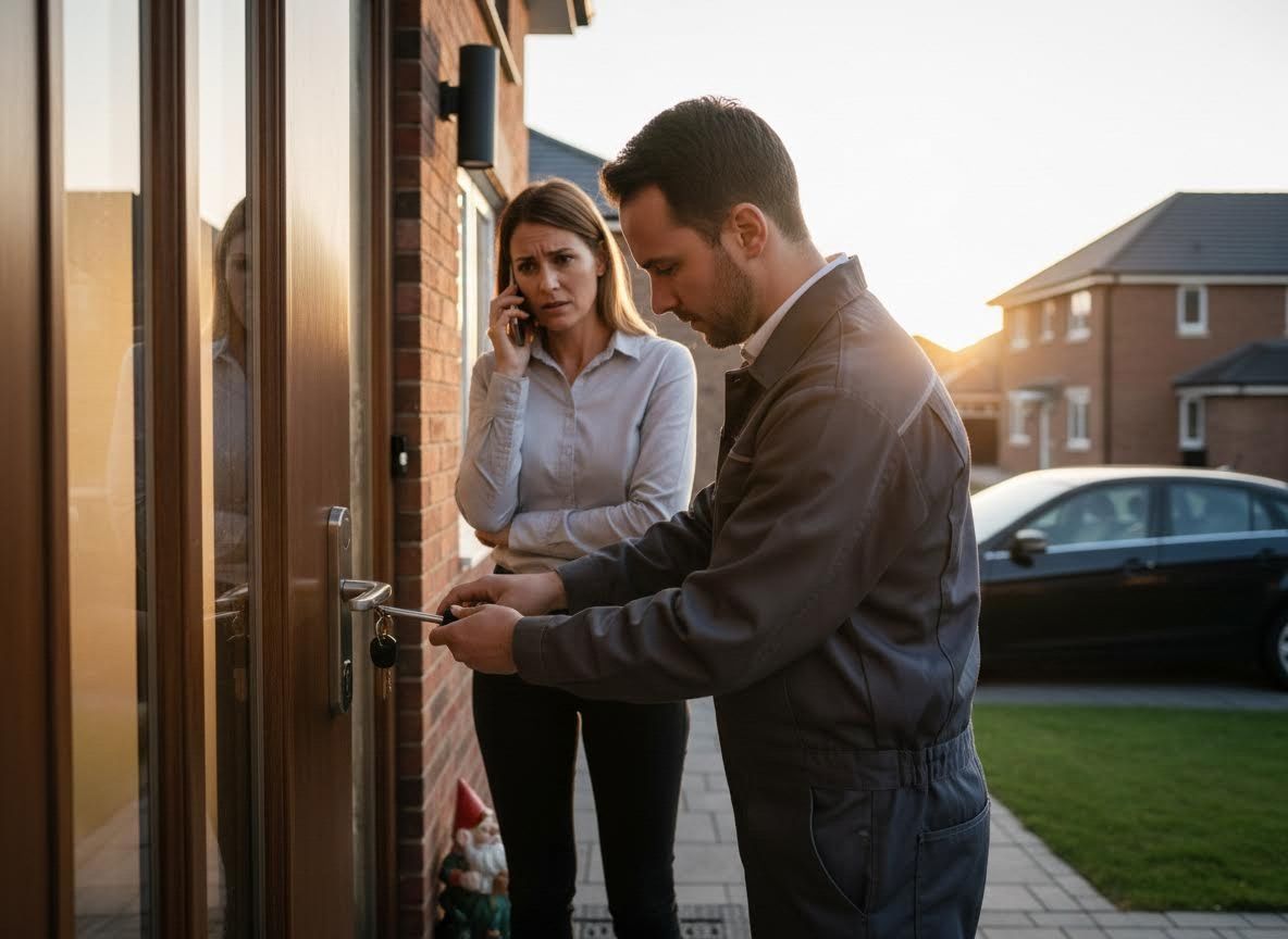 Locksmith fixing a residential door lock while a concerned woman speaks on the phone