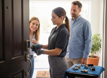 Technician Installing Smart Lock for Couple
