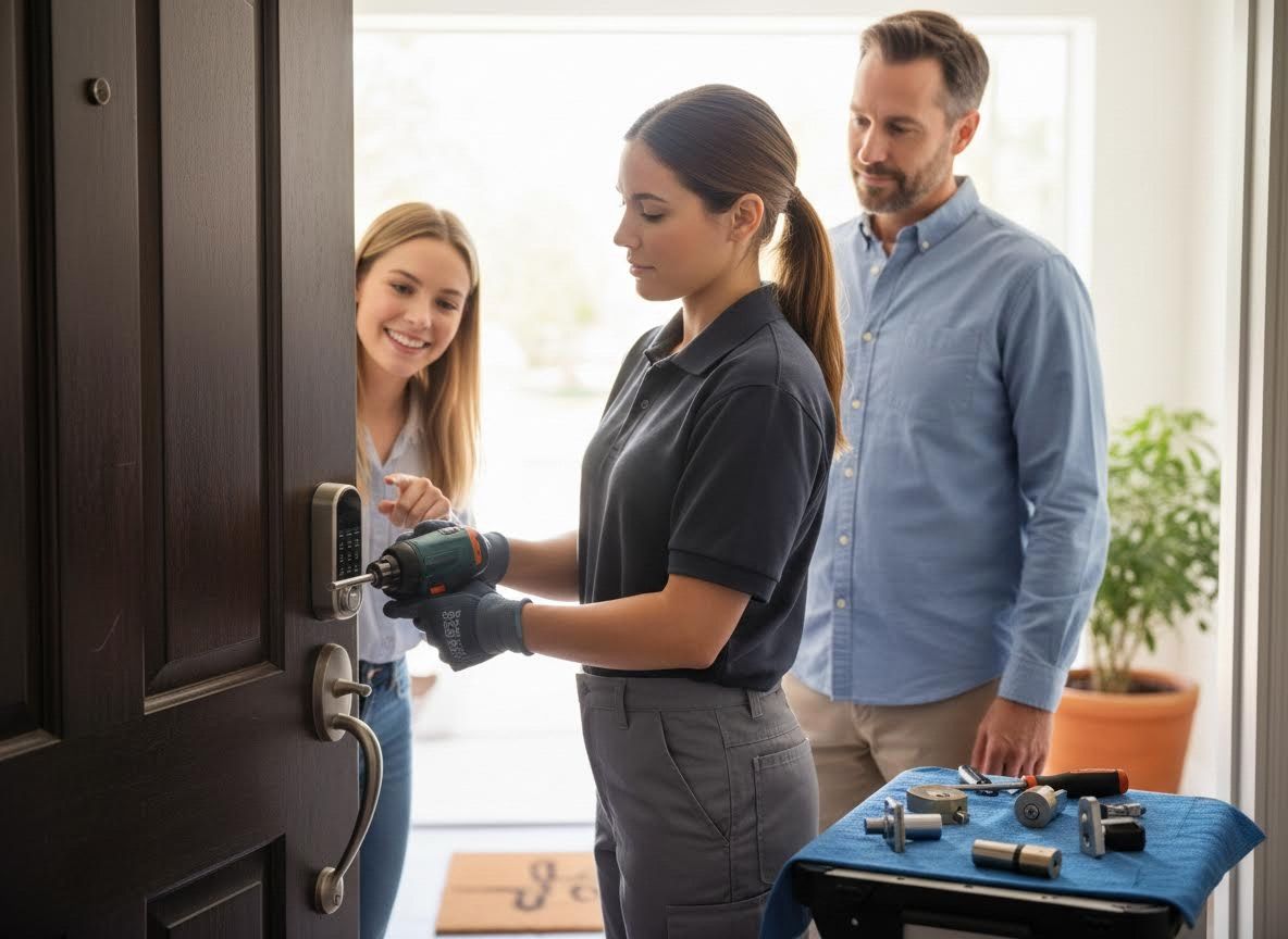 Technician Installing Smart Lock for Couple