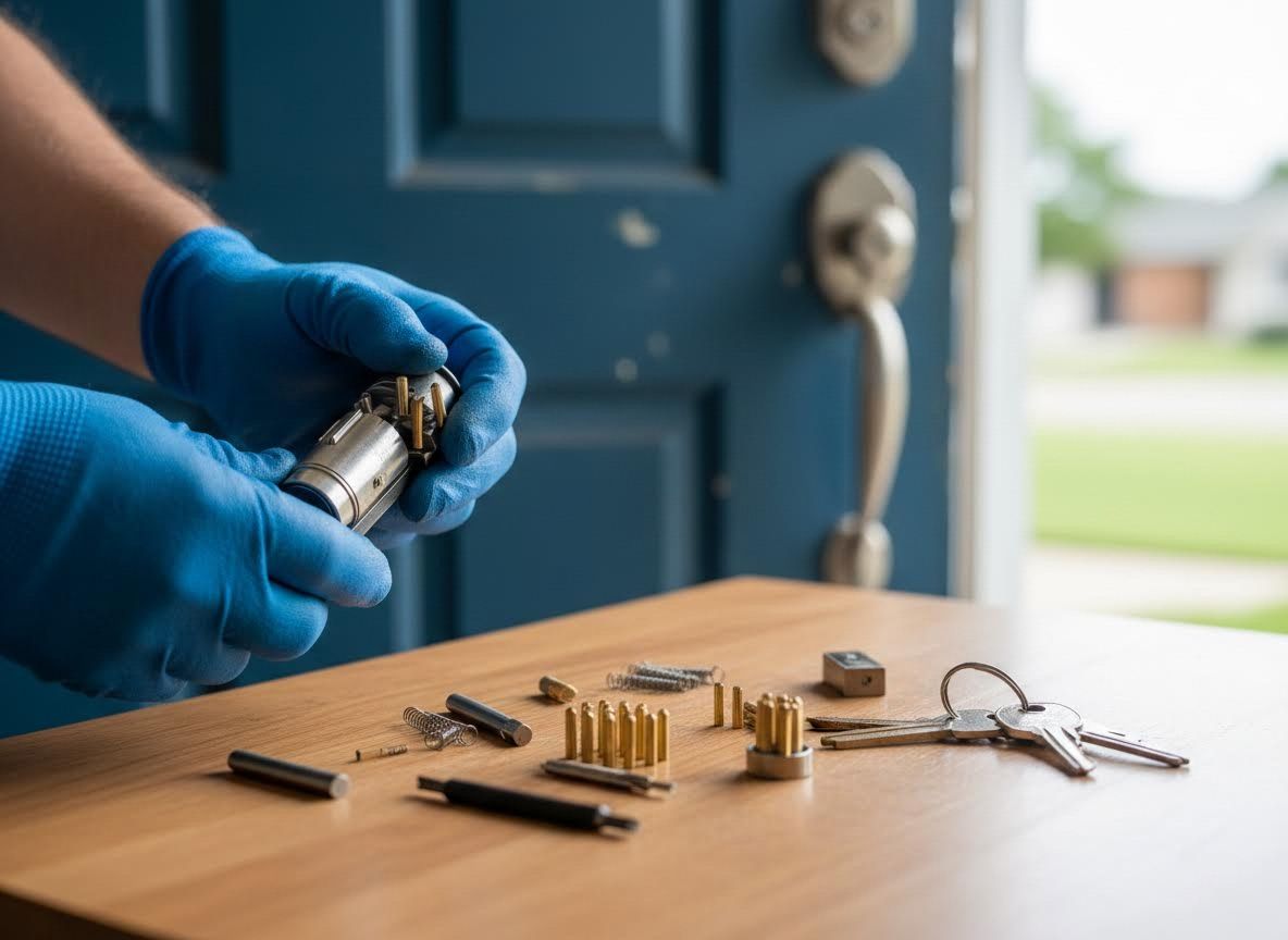 Locksmith working on a door lock cylinder