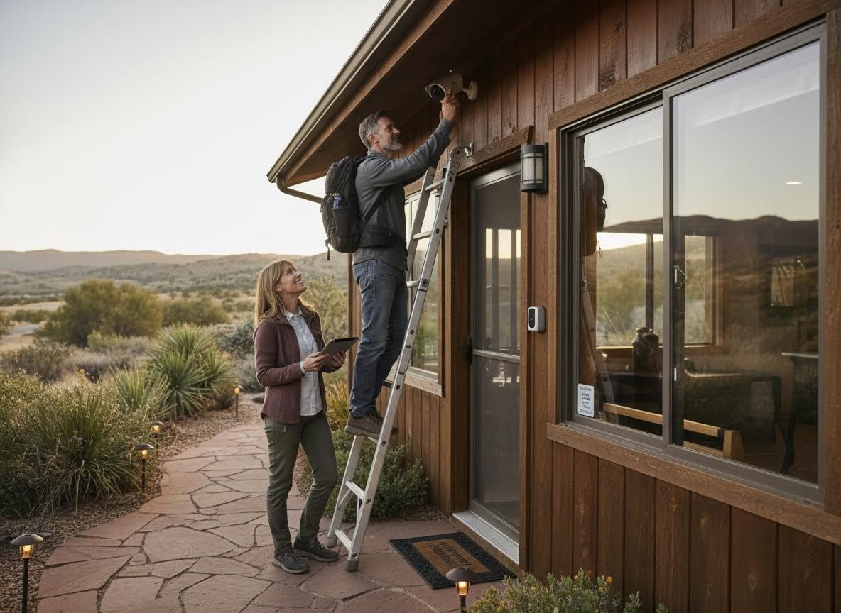 Man installing security camera on cabin with woman assisting