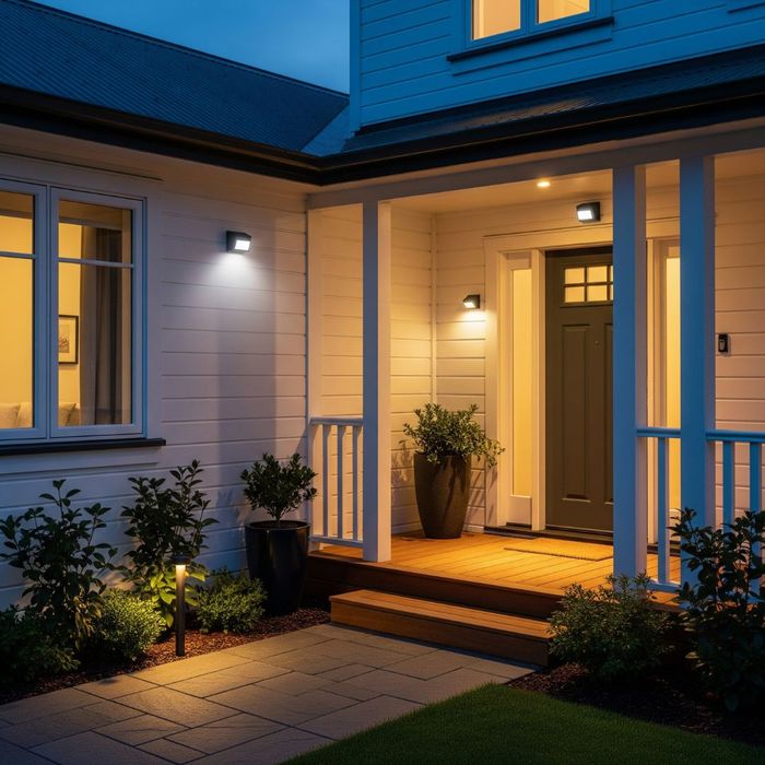 A well-lit residential porch area A well-lit residential porch area